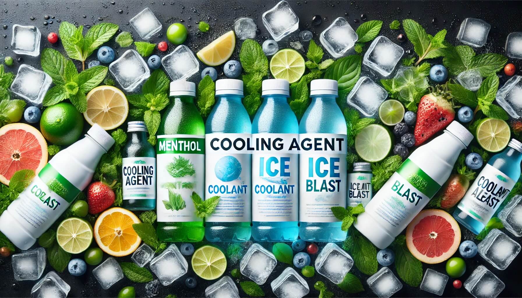 DALL-E-2024-08-15-12-07-26-A-wide-banner-style-image-that-showcases-cooling-agent-bottles-arranged-artistically-with-a-focus-on-freshness-and-coolness-The-image-should-include